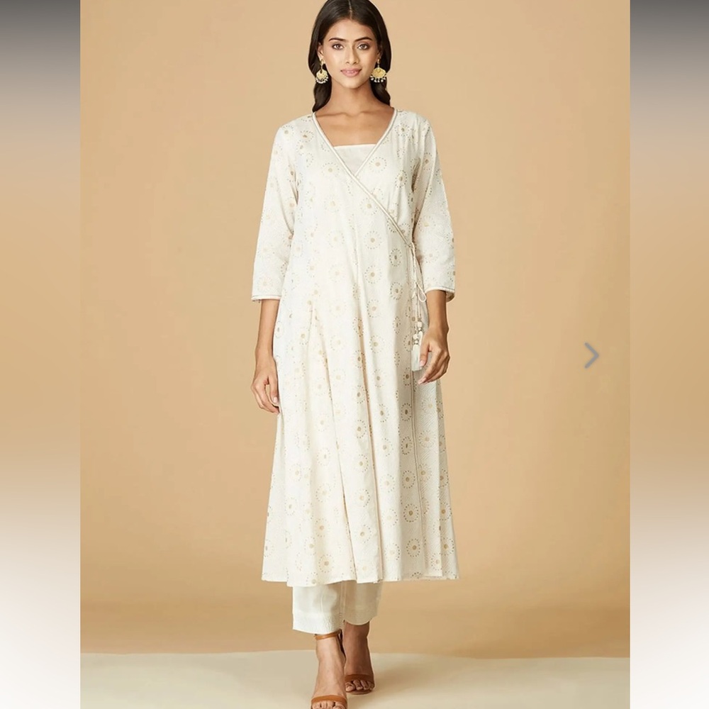 Fabindia brand new Cream Hand block print premium cotton Angrakha Anarkali Kurta
